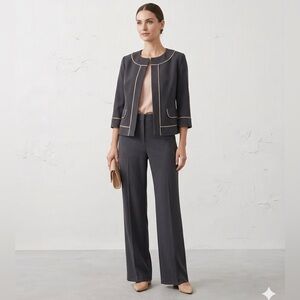 Anne Klein Structured 3/4 Sleeve Blazer inverted pleat jacket charcoal / Nude